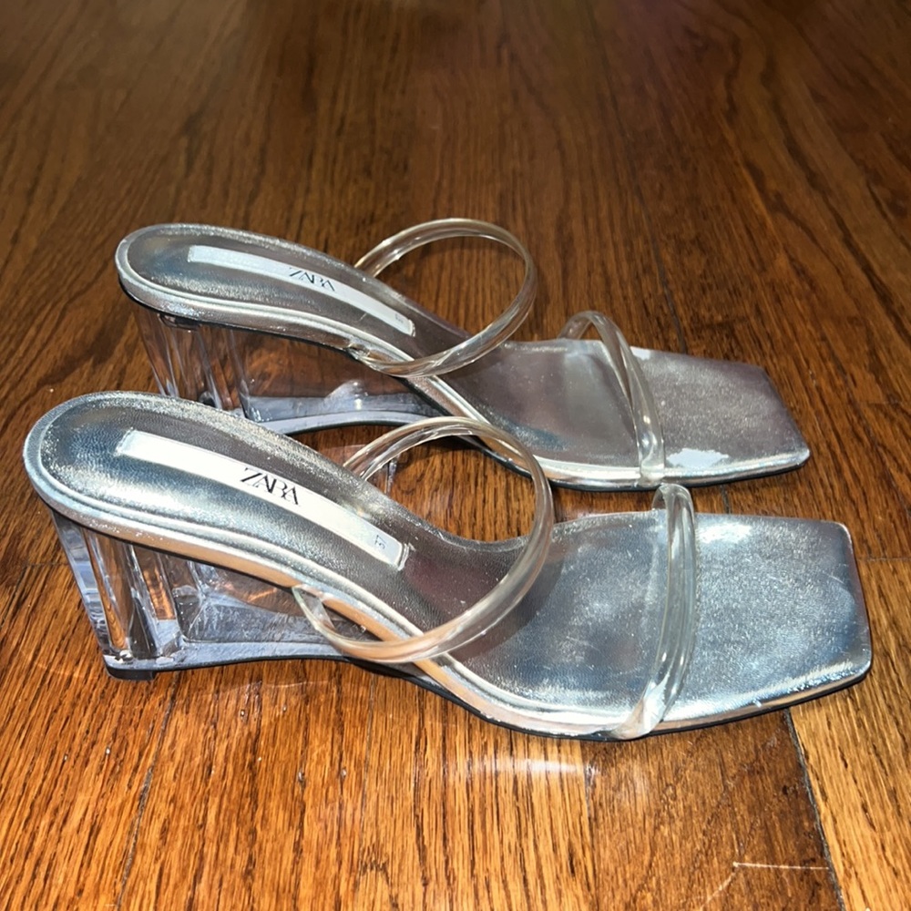 Zara Metallic Silver, Clear Double Strap Wedge Sandals